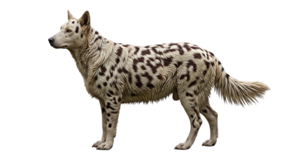 A white dog with brown spots standing in a dark background in a side view looking to the left