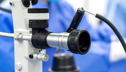 Fototapeta premium Surgical microscope with adjustable components, in-use with surgeon