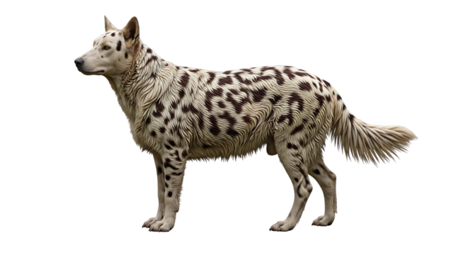 A white dog with brown spots standing in a dark background in a side view looking to the left