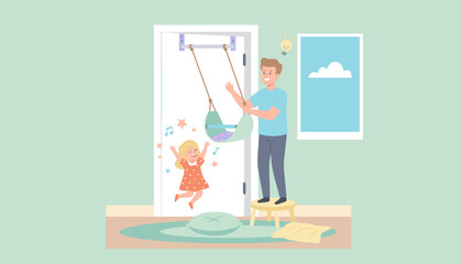 Joyful father and daughter installing a swing at home family lifestyle and fun