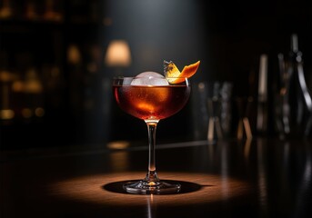 Sophisticated smoky mezcal cocktail in a vintage coupe glass with spherical ice and orange peel