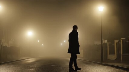 Silhouette of a man walking on a foggy street at night under streetlights