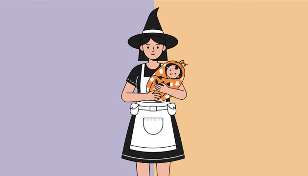 Woman in witch hat holding baby in pumpkin costume celebrating Halloween with love