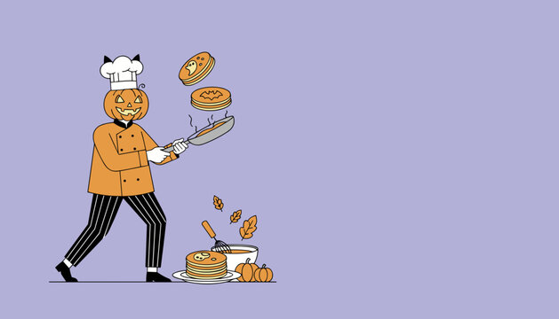 Pumpkin head chef flips Halloween pancakes with bats and ghosts Festive autumn cooking