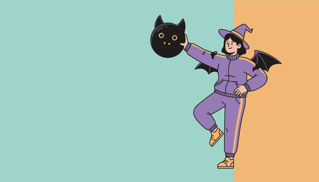 Smiling person in witch and bat costume holds a bat balloon on a festive Halloween background