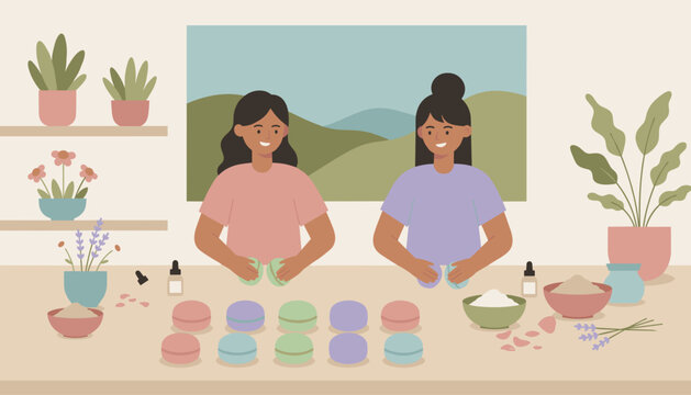 Friends making natural bath bombs embracing selfcare and creative home spa rituals