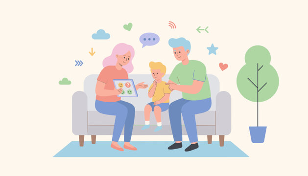 Parents on sofa help child learn emotions with a tablet Family communication  emotional development