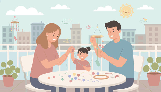 Joyful family crafting colorful mobile on balcony fostering creativity and togetherness
