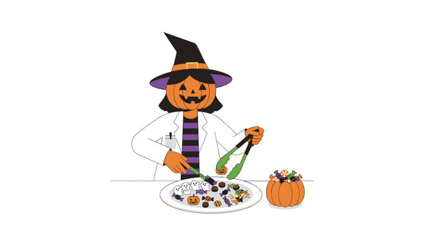 Creative pumpkinheaded figure in lab coat preparing a fun Halloween candy display