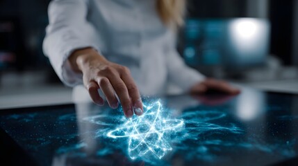 Scientist interacts with a glowing atom model on a futuristic touchscreen interface
