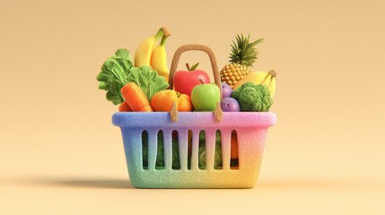 Colorful rainbow shopping basket, cheerful with fresh fruits and vegetables, healthy eating concept
