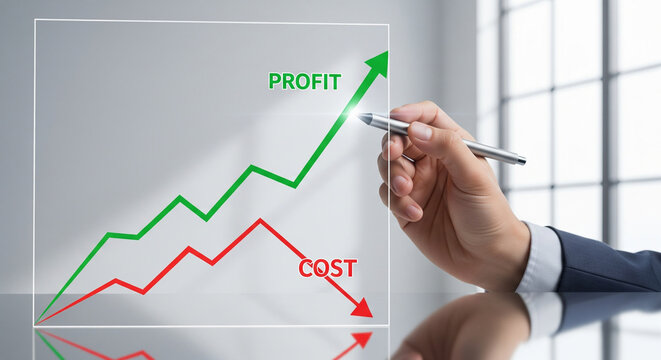 Profit cost graph business finance growth decrease increase hand pen Profit growth and cost reduction graph with hand drawing upward and downward lines business finance concept bright office