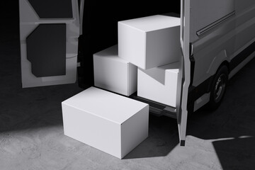 White delivery box on van with concrete background for mockup template