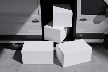 White delivery box on van with concrete background for mockup template