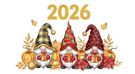 Fototapeta premium Three festive gnomes with patterned hats holding gifts, surrounded by pumpkins, autumn leaves, poinsettias, and golden ornaments, with number 2026 above, creating cheerful holiday scene