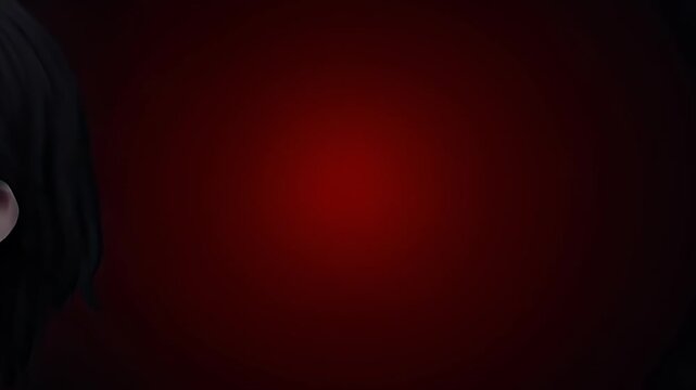 A haunting portrait depicts a woman with pale skin, black eyes, jagged teeth, and a sinister smile