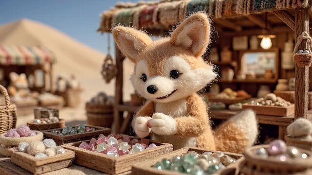 Fennec fox toy stands at shop in desert scene with colorful gems and goods