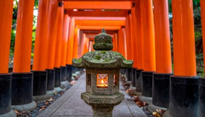 Serene view through torii gates with a stone lantern in a Japanese shrine