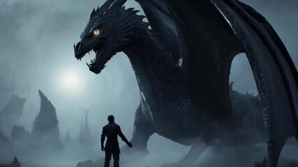 Pixelated Black Dragon Facing Man in Armor Amidst Foggy Mountain Landscape with Dreamy Lighting - Powered by Adobe