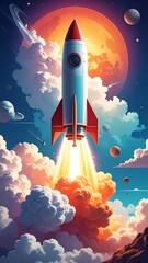 Obraz premium Whimsical illustration of a retro rocket launching into space