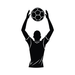 Soccer player holding ball above head silhouette vector