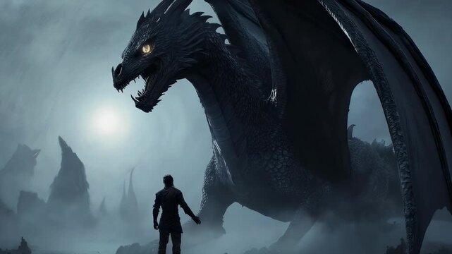 Pixelated Black Dragon Facing Man in Armor Amidst Foggy Mountain Landscape with Dreamy Lighting