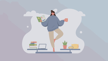 Mindful woman balancing reading and a warm drink in a cozy setting for wellbeing