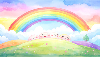 Cheerful Landscape with Rainbow and Clouds