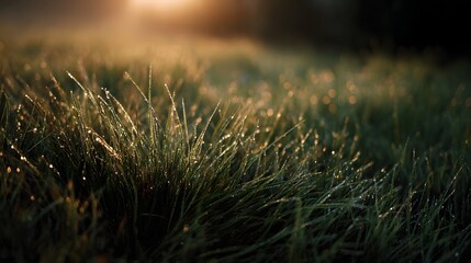 Dewy green grass blades shimmering in the gentle golden light of a tranquil sunrise