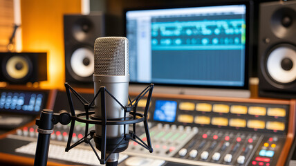Professional recording studio setup with microphone, speakers, and audio mixing console for music production