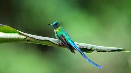 Male Long-tailed Sylph Perched on Mossy Branch in Ecuadorian Cloud Forest