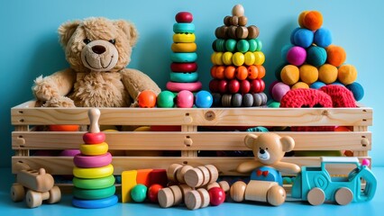 A colorful collection of wooden and plush toys, perfect for inspiring imaginative play and early learning.