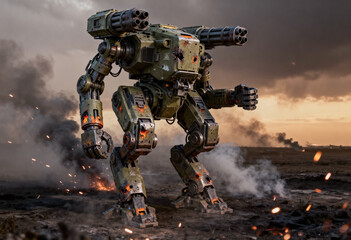 戦場の荒野に立つ軍事用ロボット