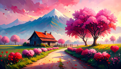 Serene Spring Landscape with Cherry Blossoms