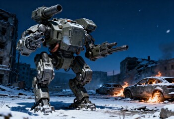 戦場の荒野に立つ軍事用ロボット