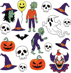 Spooky halloween graphics featuring zombies witches pumpkins and ghosts for festive decorations