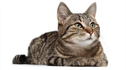 Obraz premium Studio portrait of a sitting tabby cat looking forward against a white back ground