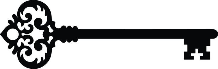 skeleton key with ornate bow and long stem, horizontal, solid black silhouette