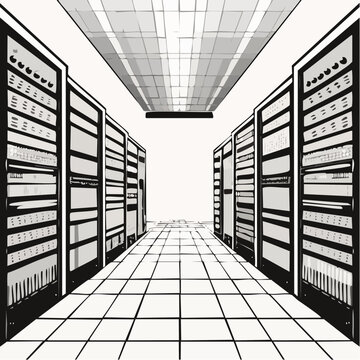 Illustration of a vintage computer server room with multiple racks and a tiled floor and ceiling