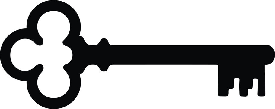 skeleton key with ornate bow and long stem, horizontal, solid black silhouette