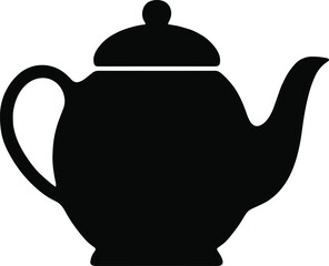 teapot with curved spout and handle, side profile, solid black silhouette