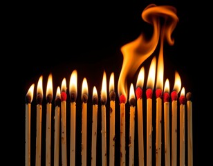 Lit Matchsticks with Fiery Flames Black Background