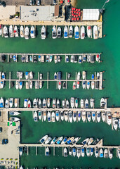 Aerial top down view of Motor city Marina with many boats in Wyandotte, Michigan