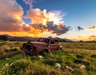 Rusty, weathered car sits in tall grass under dramatic sunset sky