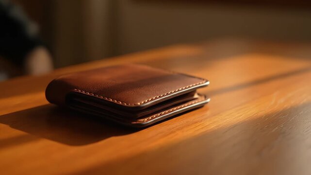 Brown leather wallet resting on a wooden table bathed in warm sunlight indoors