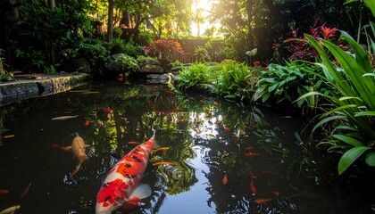 Serene pond teeming with colorful koi, surrounded by lush greenery