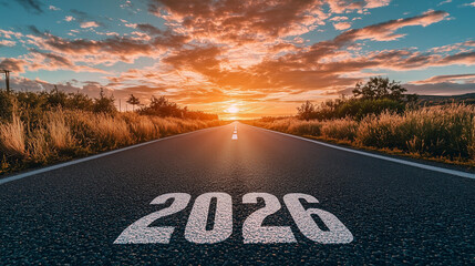 Text 2026 on the asphalt road. New beginnings, changes. At the end of the road there is the light of the setting sun.