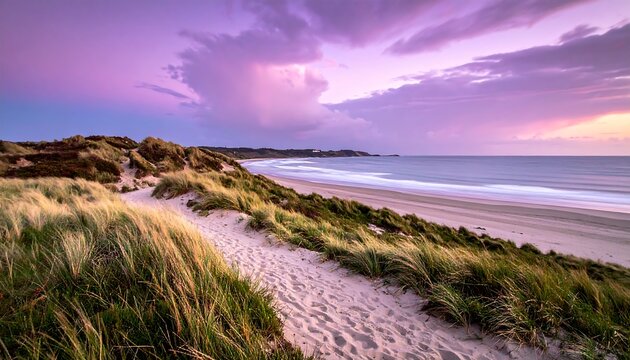 Sandy path through dunes leading to a tranquil ocean at dusk