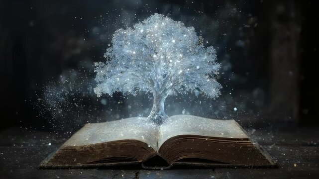 Open Book on Stone Surface Showcasing a Luminous Tree with Sparkling Particles Dark Background