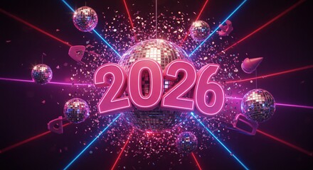 Neon Pink 2026 Text Amongst Disco Balls and Lasers